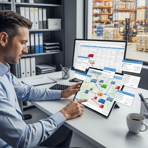A logistics manager in a warehouse office using a tablet to view a map with delivery truck locations.