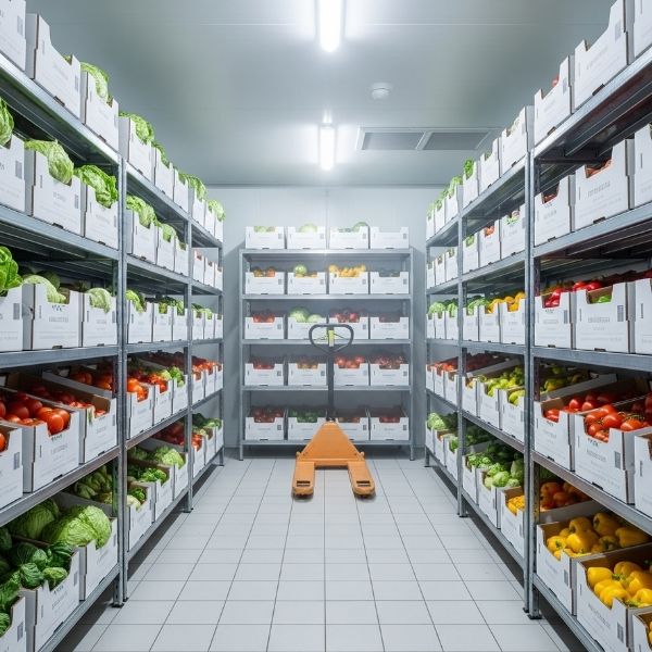 Neatly stacked and organized boxes of fresh produce prepared for specialized shipment in a clean environment.