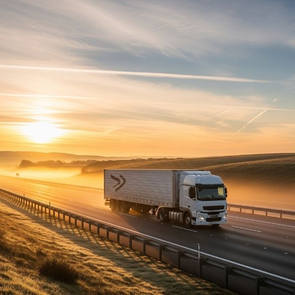 A transportation truck driving on an open highway during sunrise, symbolizing a timely and efficient delivery.