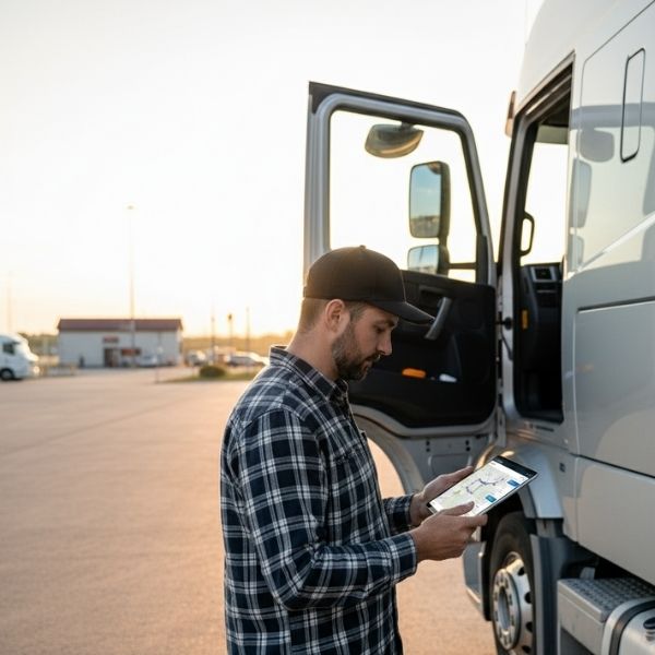 A truck driver uses a tablet displaying a logistics and route-tracking map.