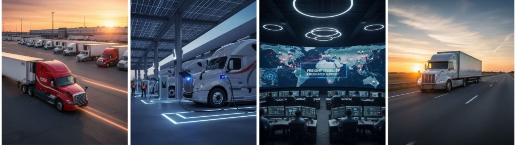 Large composite image showing four key aspects of a modern freight logistics company