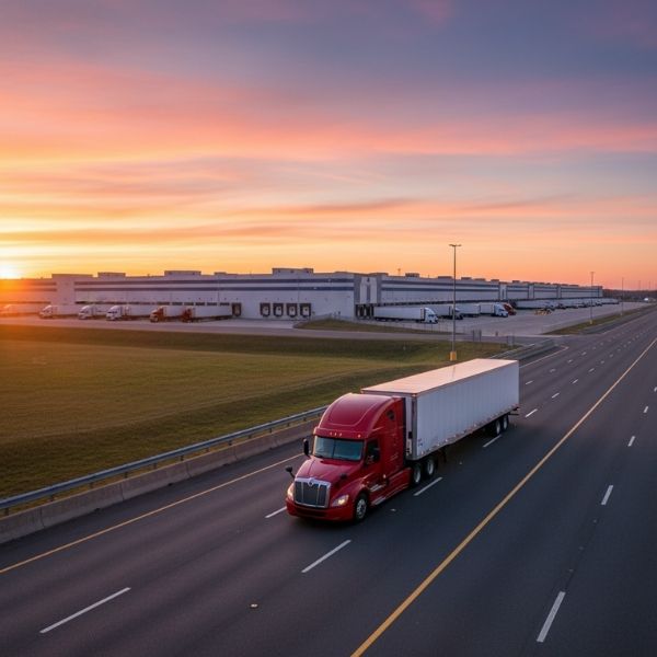 A red semi-truck with a white trailer drives on a highway, with a large logistics warehouse complex in the background under a colorful sunrise sky.