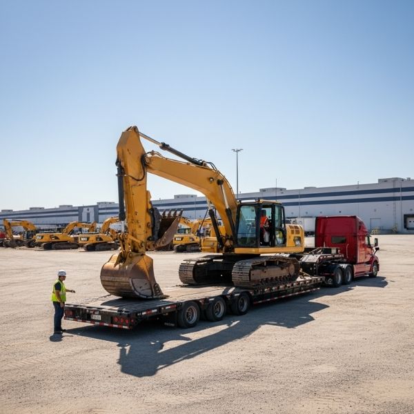 A yellow excavator with tracks is loaded onto a black flatbed semi-trailer attached to a red semi-truck, with a worker standing nearby.